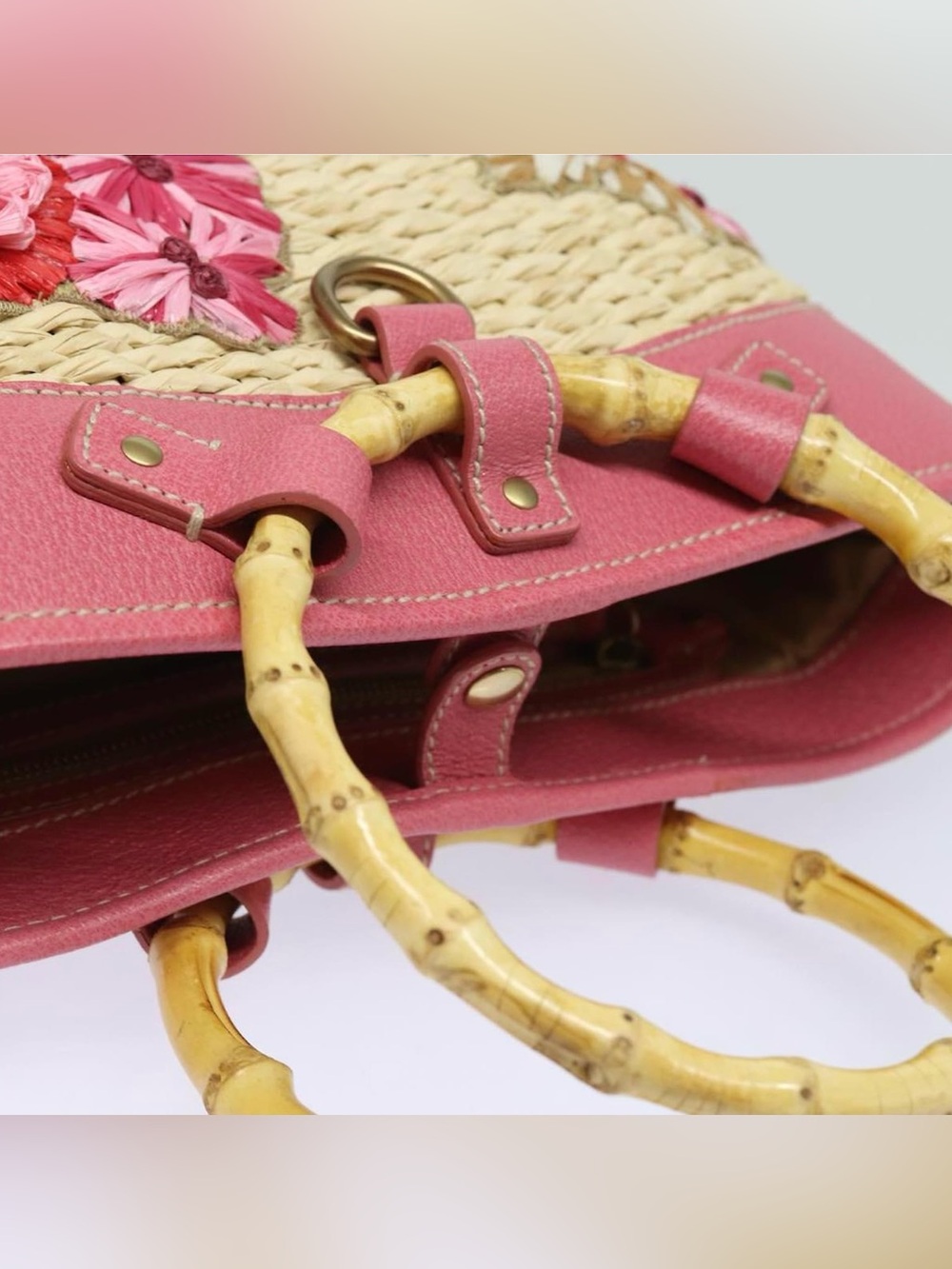 Archival Miu Miu Begonia Basket Bag: Pink Leather + Natural Bamboo & Rattan Tote - Picture 4 of 5